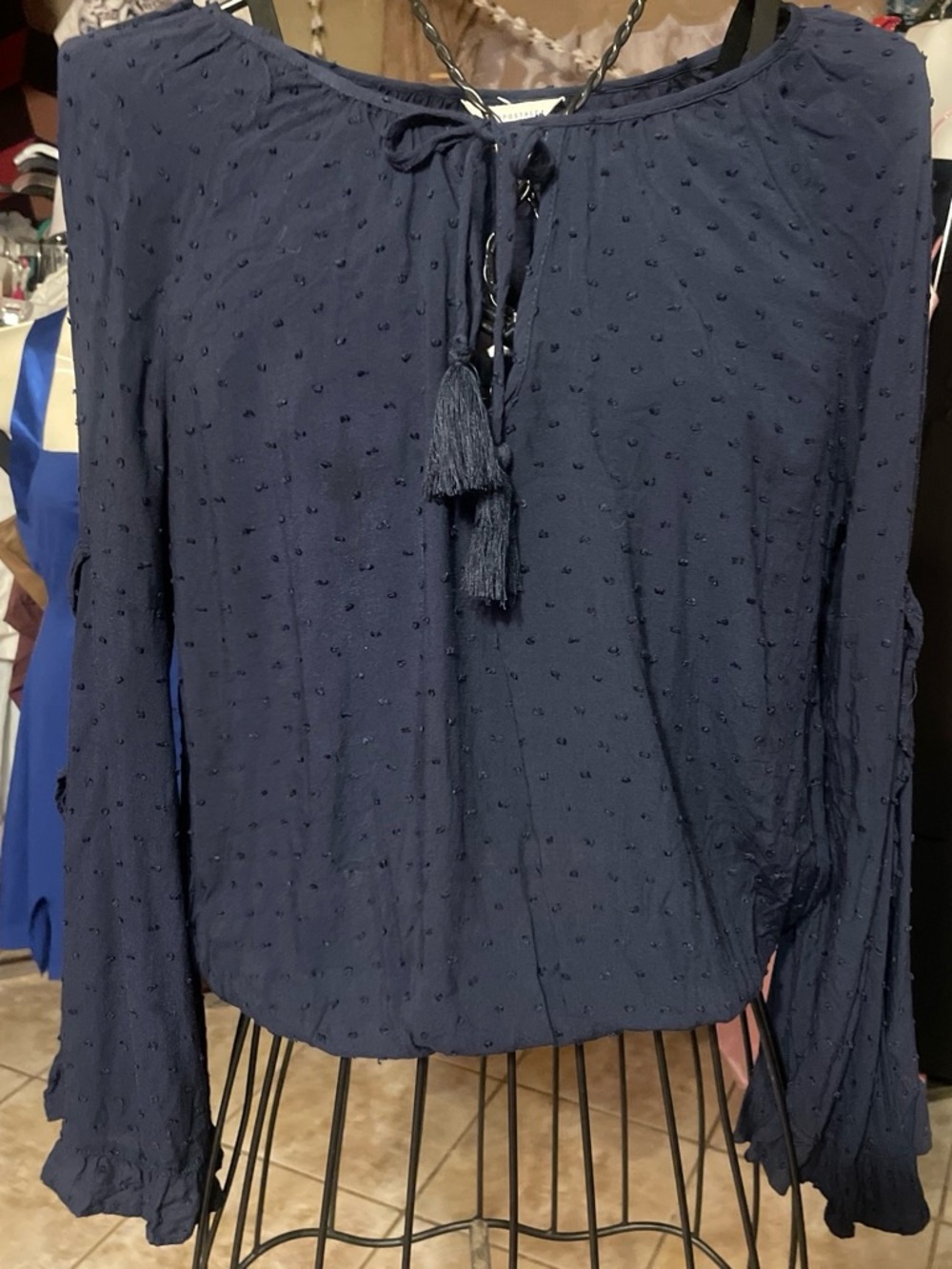 Aeropostale Navy Blue Swiss Dot Peasant Blouse with Tassels